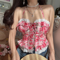 Ingvn French Style Floral Lace Crop Top Women's Slim Fit Shirt Polyester Fiber Short Length Button Closure Neck Hanging Belted