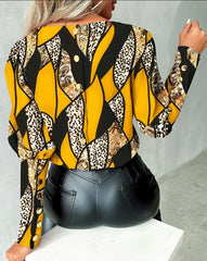 Ingvn Autumn and winter fashionable printed long sleeved love style round neck button up blouse shirt for women