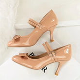 Ingvn Lolita Style Sweet Bowknot Patent Leather Women Pumps Fashion Strap Buckle Mary Janes 7cm High heels Spring Summer Cosplay Shoes