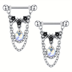Ingvn 1pair Stainless Steel Nipple Rings, Nipple Barbell With Chain CZ, Nipple Piercing Jewelry