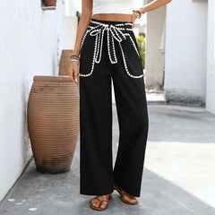 Ingvn Summer Spring Women's Clothing High Waist Wide Leg Casual Pants With Drawstring Loose Fit Tapered Polyester Long Trousers