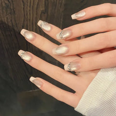 Ingvn 10pcs Handmade Fake Nails with Tools Simple False Nails Short Realistic Stick-on Nails Artificial Press on Nail Removable
