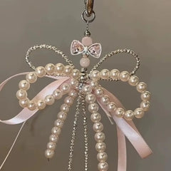 Ingvn Fashion Pearl Bow Key Chain Silk Ribbon Pink Key Ring Aesthetic Holder
