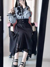 Ingvn Japanese Lolita Lace Patchwork Shirts Women + New Slim high Waist Midi Black Skirts sweet kawaii Two Piece Sets