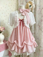 Ingvn Summer New Harajuku Sweet 2 Piece Set Y2k Dot Strap Mini Dress Tops Lace Cardigan Vintage Style Set Woman Chic