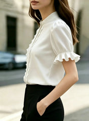 Ingvn Women Lace Trim Puff Sleeve Blouse Ruffle Short Sleeve Button Down Shirt Top Casual Office Wear