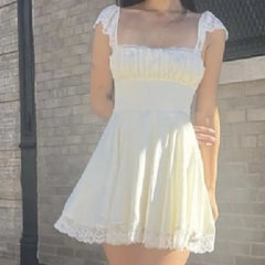 Ingvn Woman Low Chest Ruched Square Collar Spliced Lace Sleeve Dress Cross Lacing up Back Dresses Swing A-lined Short Robe Vestidos