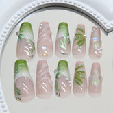 Ingvn 24pcs Press on Nails with Design Green 3d Gradient French False Nails with Charms Fashion Nail Tips Removable Sticky Nails