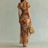 Ingvn Elegant Short Sleeve Slim Maxi Dress Women Summer Bodycon Floral Print Long Dresses Casual