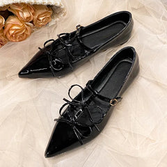 Ingvn Fashion Patent Leather Bowknot Mary Janes Women Flats Pumps Spring Summer Elegant Pointed toe T-Strap Ladies Flats Party Shoes