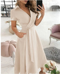 Ingvn Office Lady Elegant Summer Short Sleeveless Dress Women Casual Turn-Down Collar Belt Dress Sexy V Neck Slim Solid Long PartyRobe