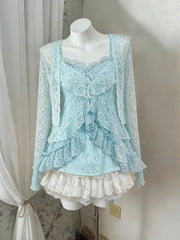 Ingvn Japanese Lolita Sweet 3 Piece Set Women 2000s Retro Mini Skirt Vintage Lace Sleeveless Vest Casual Short Cardigan Fashion Suit
