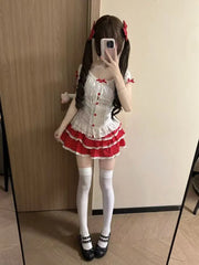 Ingvn American Vintage Y2K 2‑Piece Sets Japanese Kawaii Crop Top Blouse and Mini Skirts Sweet Holiday Casual Outfits for Women