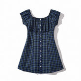 Ingvn Contrast Color Plaid Open Buttons Slash Shoulder Mini Dress Women Short Sleeve Slim Waist Dresses Holiday Robe Femme
