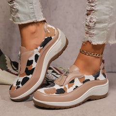 Ingvn Women's Leopard Print Wedge Sneakers Fashionable Front Zipper Thick Sole Vulcanized Shoes Woman Casual Comfortable Sport Shoes