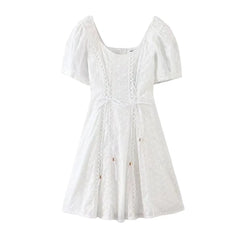 Ingvn Sweet White Embroidery Hole Stitching Lace Cross Lacing up Short Puff Sleeve Dress Woman French Mini Dresses Holiday Robe