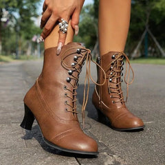 Ingvn New Lace Up Ladies High Heel Shoes Strange Steampunk Boot Victorian Ankle Boots Women Pointed Toe Thick Soled Short Boots