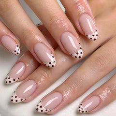 Ingvn 24pcs Medium Short Press on Nails White French Coffee Brown Dots False Nails Woman Almond Nail Tips Finger Nails with Tools