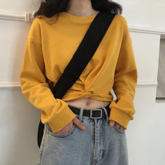 Ingvn - Women Irregular Twist Cropped Sweatshirt Spring Autumn Thin Long Sleeve Crew Neck Y2K Crop Top