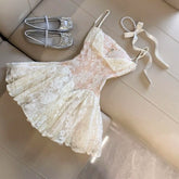 Ingvn Chic Party Mini Dress Women Sweet Lace Bow Ruffle Princess Design Elegant Female Summer Holiday Fashion