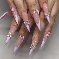 Ingvn 24Pcs Fashion Stiletto Press on Fake Nails with Rhinestone Y2k Almond False Nails Set Strawberry Design Full Cover Manicure Tips