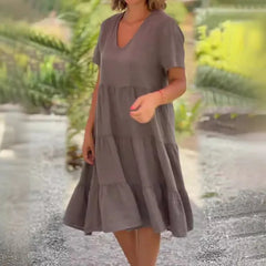 Ingvn New European and American Summer Women's Clothing Fresh and Sweet V-neck Solid Color Large Sway Casual Skirt Dress
