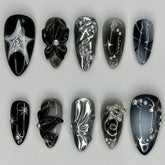 Ingvn 24Pcs Gothic Dark Red Press on False Nails Y2k Reusable Almond Nails Set with Silver Ripples Pattern Cool Fake Finger Nail Tip