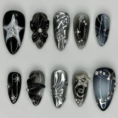Ingvn 24Pcs Gothic Dark Red Press on False Nails Y2k Reusable Almond Nails Set with Silver Ripples Pattern Cool Fake Finger Nail Tip