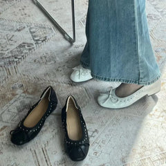 Ingvn Vintage Rivet Bowknot Women Ballet Pumps Comfortable Soft Leather 3cm Thick Heeled Lazy Loafers Spring Summer Casual Girls Shoes