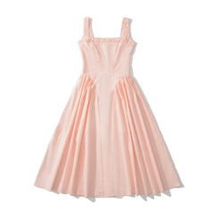 Ingvn Sexy Pink Elastic Strap Tank Dress Ruched Slash Neck Zipper Back Slim Low Waist Hem Swing Midi Long Robe Sleeveless Vestidos