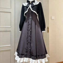 Ingvn Harajuku Ruffled Long Suspender Sweet Dress + Patchwork Short Blouses Y2k Aesthetic 2 Pieces Set Woman Grunge Outfits