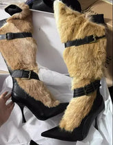 Ingvn - Winter Fashion Rabbit Fur Belt Buckle Fasten Knee Boots Pointed Toe Thin High Heels Woman Fur Wrapped Boots