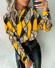 Ingvn Autumn and winter fashionable printed long sleeved love style round neck button up blouse shirt for women