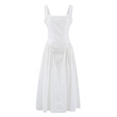 Ingvn Sexy Pink Elastic Strap Tank Dress Ruched Slash Neck Zipper Back Slim Low Waist Hem Swing Midi Long Robe Sleeveless Vestidos