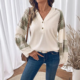 Ingvn - Women Hooded Sweatshirt Plaid Splicing Long Sleeve V Neck Button Pullover Lazy Texture Casual Top