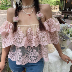 Ingvn Sexy One-Shoulder Lace Shirt Spring Summer Vacation Floral Small Shirt Chenopod Polyester Fiber Bubble Sleeve Short Sleeve