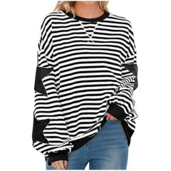Ingvn - Women Casual Striped Sweatshirt Spring Star Patchwork Round Neck Long Sleeve Loose Pullover Daily Wear