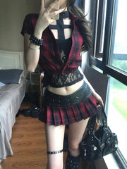Ingvn Subculture Gothic Plaid 3 Piece Set Women Retro Short Sleeve Halter Crop Tops Mini Pleat Skirt Punk Sexy Streetwear Design