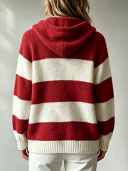 Ingvn - Retro Wine Red And White Striped Hooded Knit Sweater Lazy Style Furry Feeling Ball Cap Rope Overhead Women's Sweater
