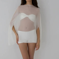 Ingvn Womens Sheer Chiffon Cape Sleeve Top Batwing Boat Neck Loose Flowy See Thru Blouse Bikini Cover Up Vacation Beachwear