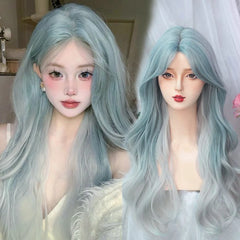 Ingvn - Long Wavy Ombre Blue Wig Synthetic Natural Lolita Wig Orange Green Halloween Cosplay Costume Wig for Women Daily Wear