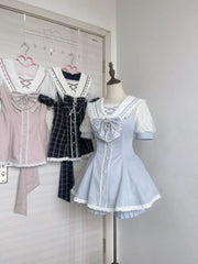 Ingvn Harajuku Vintage Lace Bow Lolita 2 Piece Set Women Y2K Slim Dress Tops Casual Shorts Sweet Fashion Suit Chic