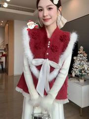 Ingvn - Women's Autumn Niche Tweed Faux Fur Patchwork Layering Knit Vest Elegant Chic Coquette Trendy Top Warm Vintage Knit Vest