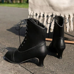 Ingvn New Lace Up Ladies High Heel Shoes Strange Steampunk Boot Victorian Ankle Boots Women Pointed Toe Thick Soled Short Boots