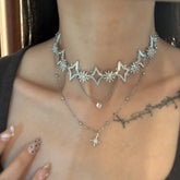 Ingvn Shiny Star Pendant Layered Necklace Y2k Jewelry for Women Fashion Pentagram Silver Color Choker Chain Zircon Charm Necklace
