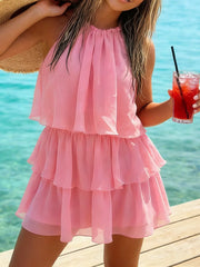 Ingvn Solid Loose Spliced Ruffles Chic Dress for Women Halter Sleeveless Beach Vacation Dresses Female Summer Fashion New