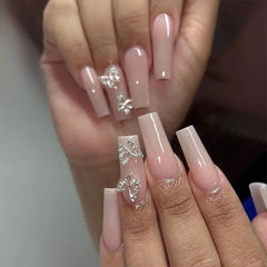 Ingvn 24Pcs Simple Blue French Fake Nails with Diamond Love Pattern Design False Nails Press on Mid-length Ballet Full Cover Nail Tips