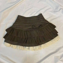 Ingvn Brown Women Plaid Skirts Vintage Lace Patchwork Cute Fashion High Waist Layered Skirt Kawaii Lolita Sweet Mini Skirts