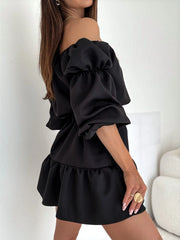 Ingvn Women's Mini Dress Peplum Dresses Elegant Daily Holiday Going out Regular Fit Pure Color Long Sleeve Off Shoulder