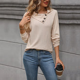 Ingvn - Women Autumn European Style Textured Irregular Collar Long Sleeve Casual Sweatshirt Tops